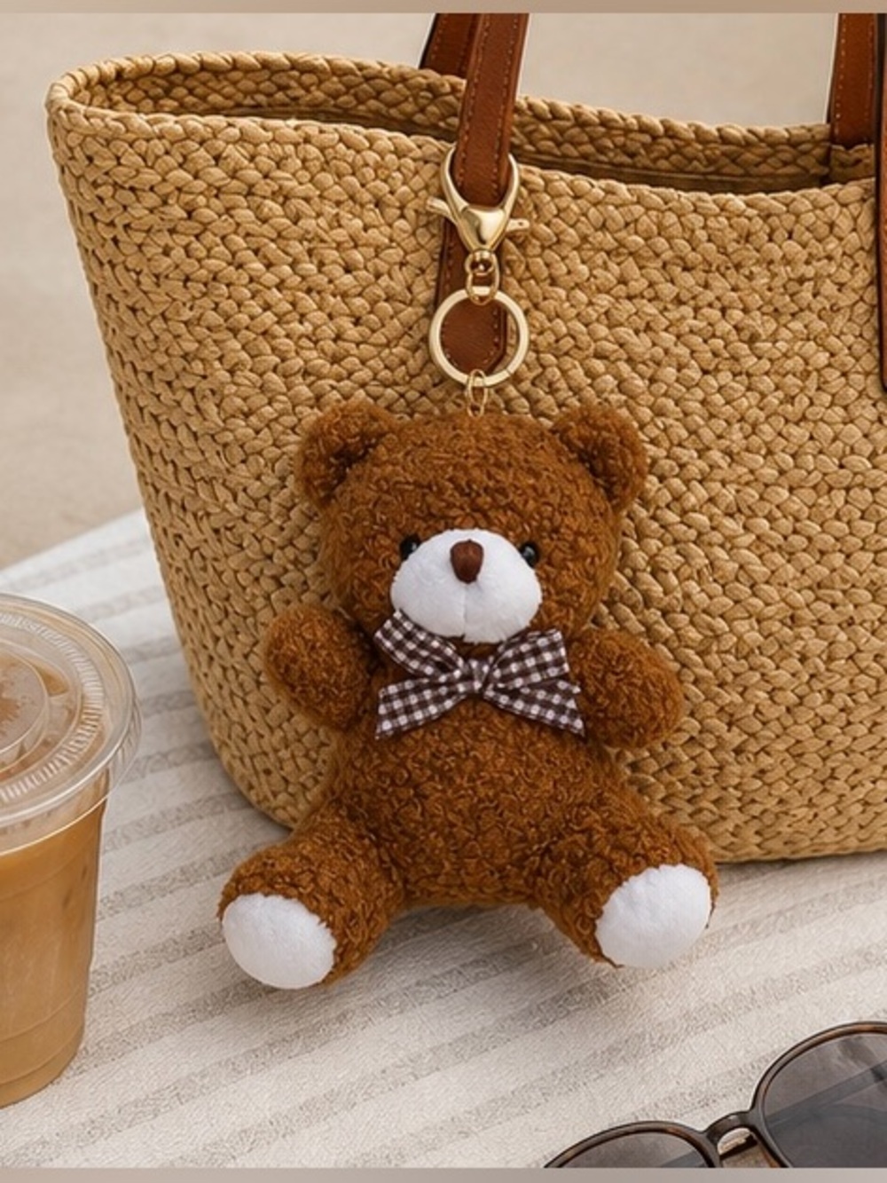 Charm🔑👜Teddy Bear Plush Bag Charm & Keychain | Brown Gingham Bow | 5” NWT 🧸✨